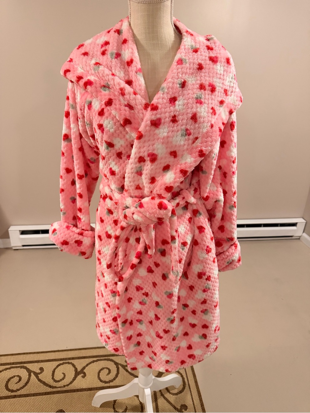 Pink Plush Heart-Print Bath Robe Size Large